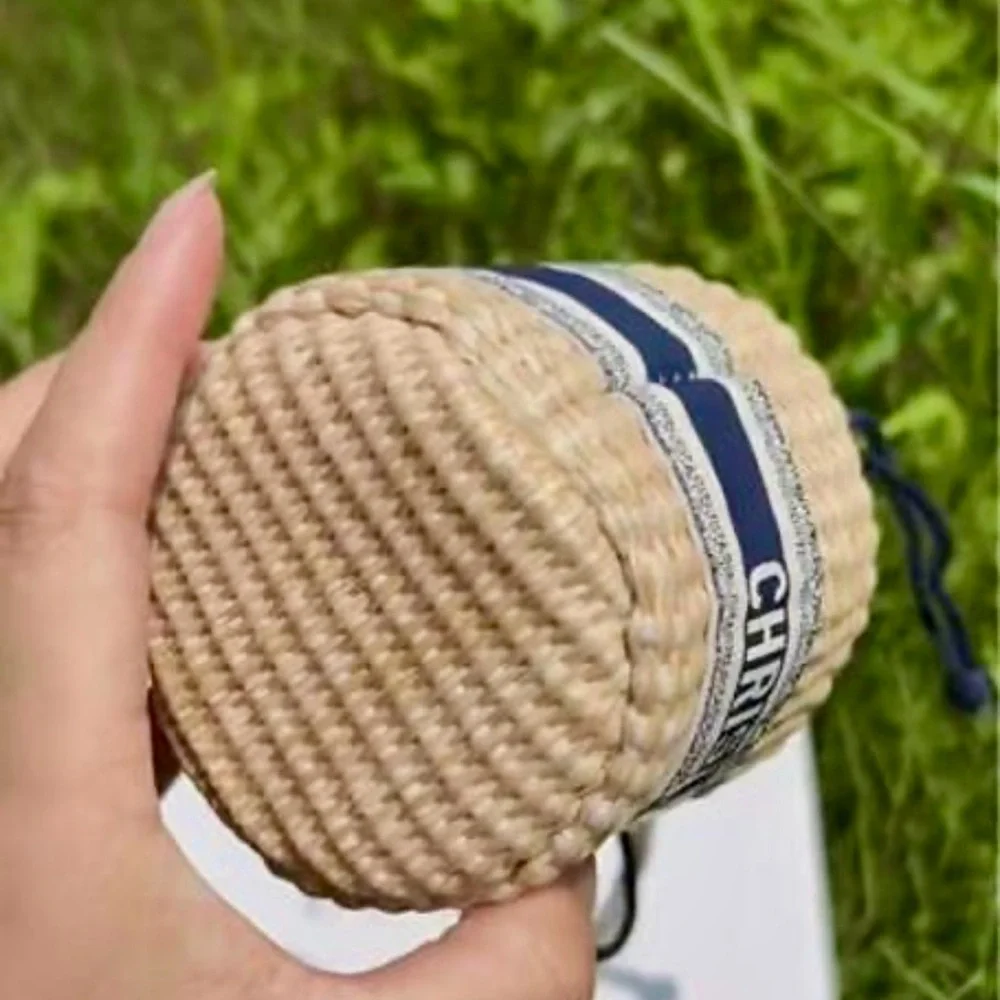 Dior Straw Drawstring Mini Pouch or Mini Bucket Bag in Cream and Blue NWB GWP - Picture 9 of 13